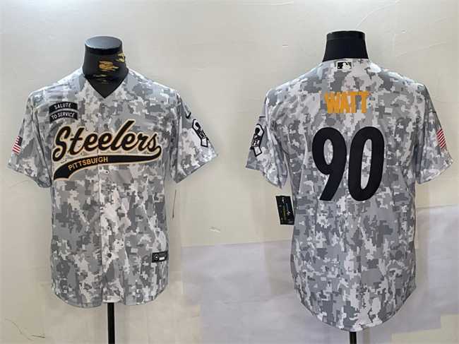 Men%27s Pittsburgh Steelers #90 T.J. Watt 2024 Arctic Camo Salute To Service Stitched Baseball Jersey